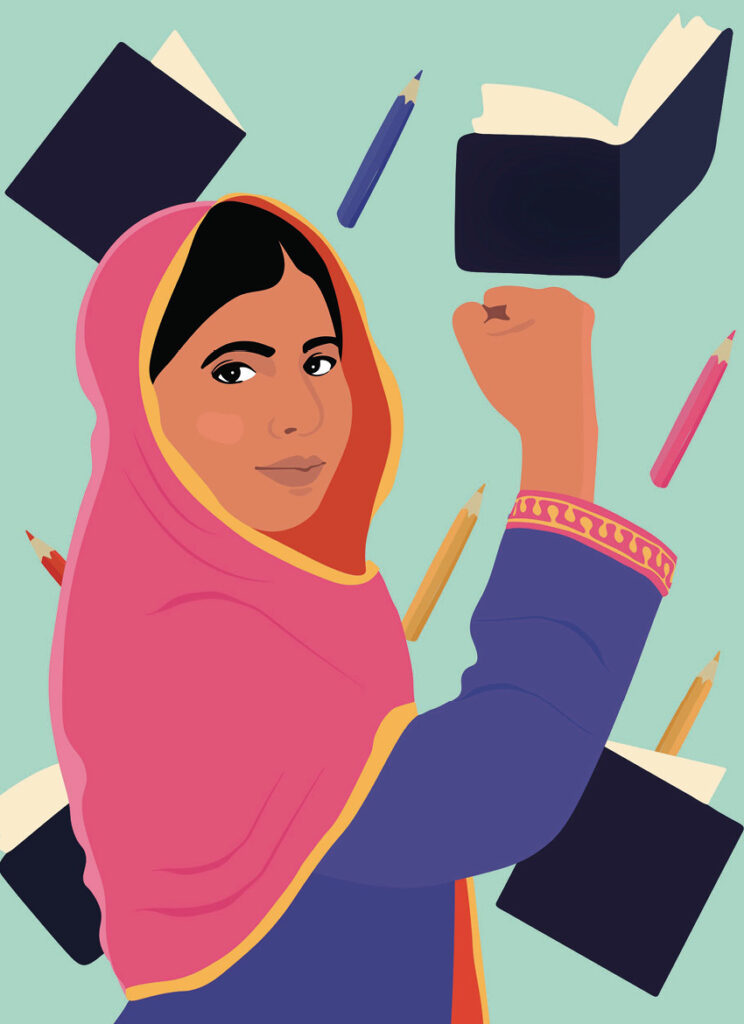 Malala Yousafzai Aktivistin für weibliche Bildung Illustration © Camila Pinheiro Aus: Wenn nicht ich, wer dann?, Sieveking Verlag 2019.