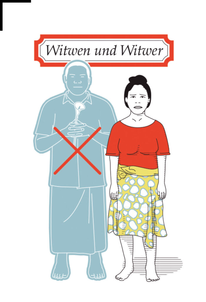 Illustration »Witwen und Witwer« von Andrea Angeli, aus: Kiribati. Eine Inselwelt versinkt im Meer, Sieveking Verlag 2017