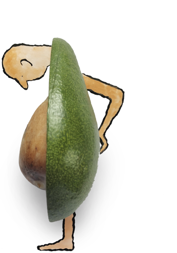 Foto einer Avocado durch eine Illustration zur Figur eines Mannes ergänzt.
