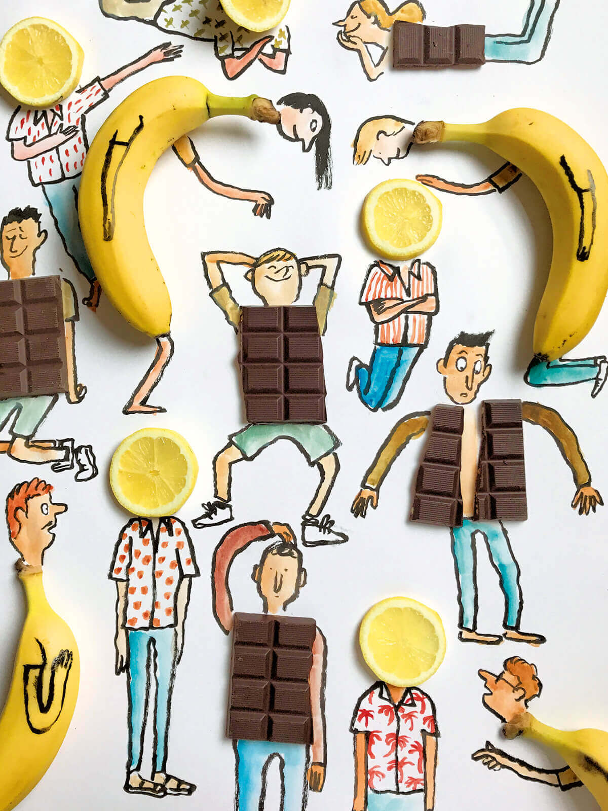 Collage aus Fotos von Bananen, Zitronen und Schokoladetafel, die Körperteile von illustrierten Figuren bilden.